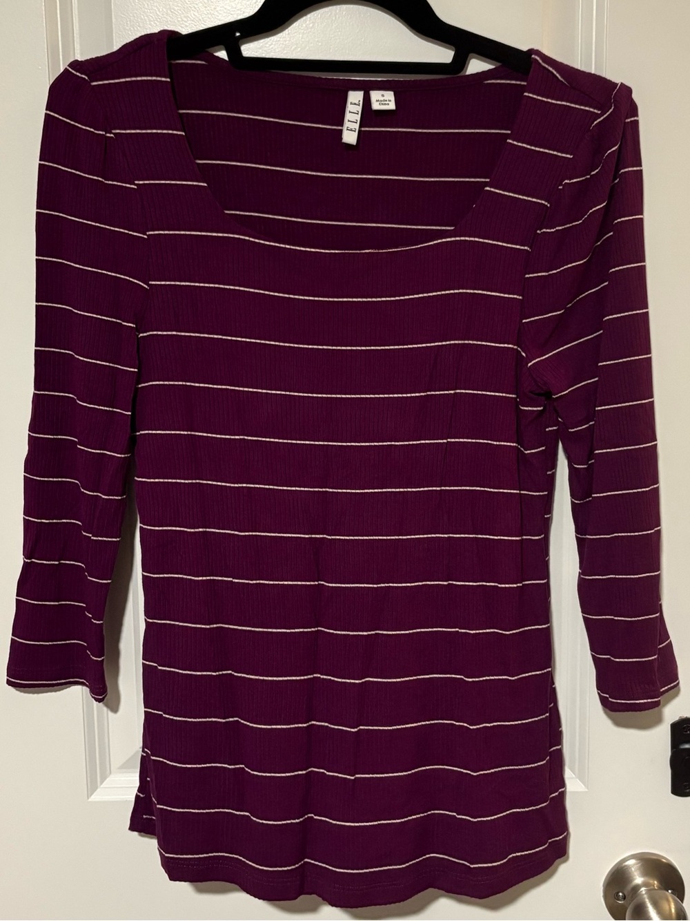 ELLE Purple White Striped Three Quarter Sleeve Top Size S